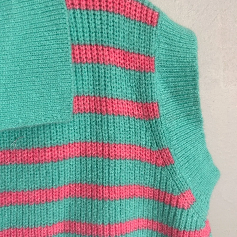 BiBi Women's V-Neck Striped Sweater - Teal and Pink - Picture 5 of 11